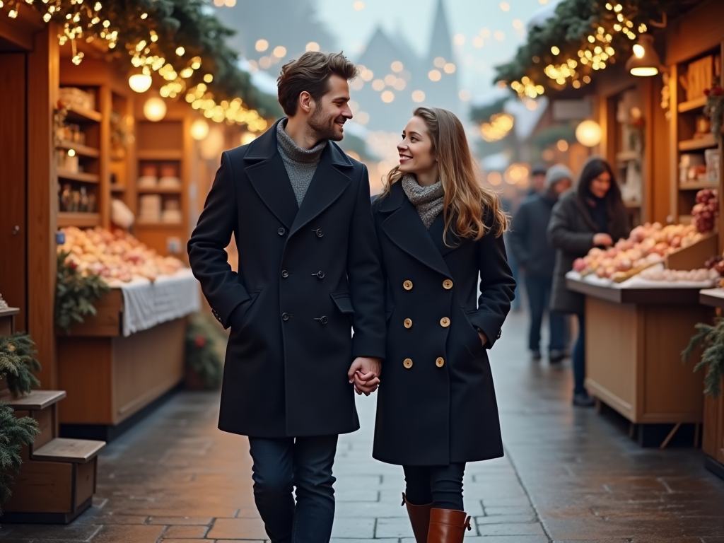 Couple walking hand-in-hand at a festive outdoor market adorned with lights.