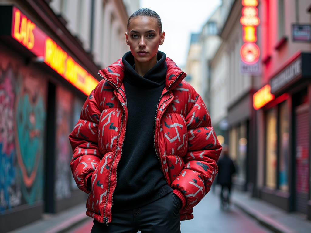 Woman in vibrant red patterned jacket posing confidently on a city street with neon signs in background.