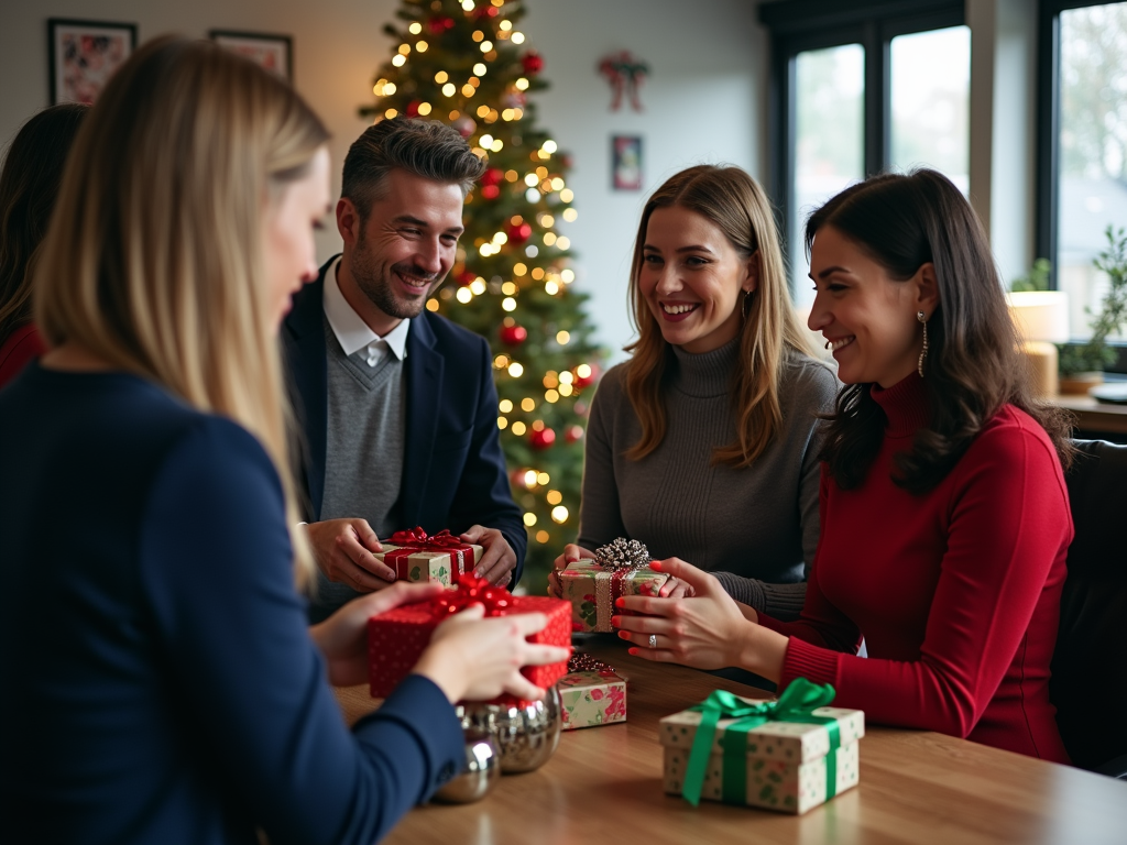 Friends exchanging gifts at a table with a Christmas tree in the background.