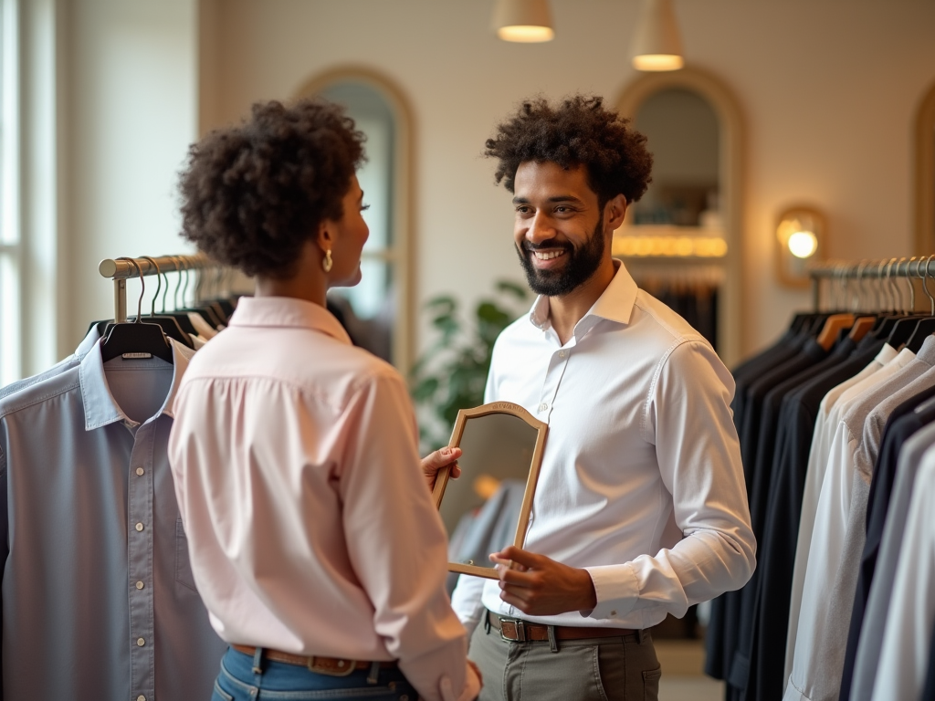 A man and woman chatting happily in a clothing store, surrounded by racks of shirts.