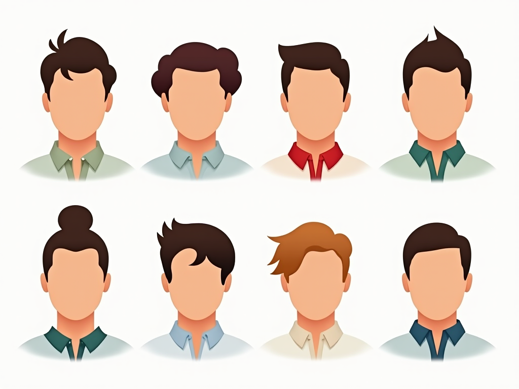 Illustration of eight diverse male avatars with various hairstyles and shirt colors.