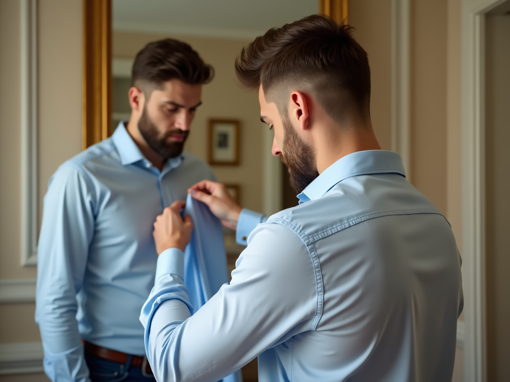 Man adjusts his tie in mirror, focusing intently on his appearance.