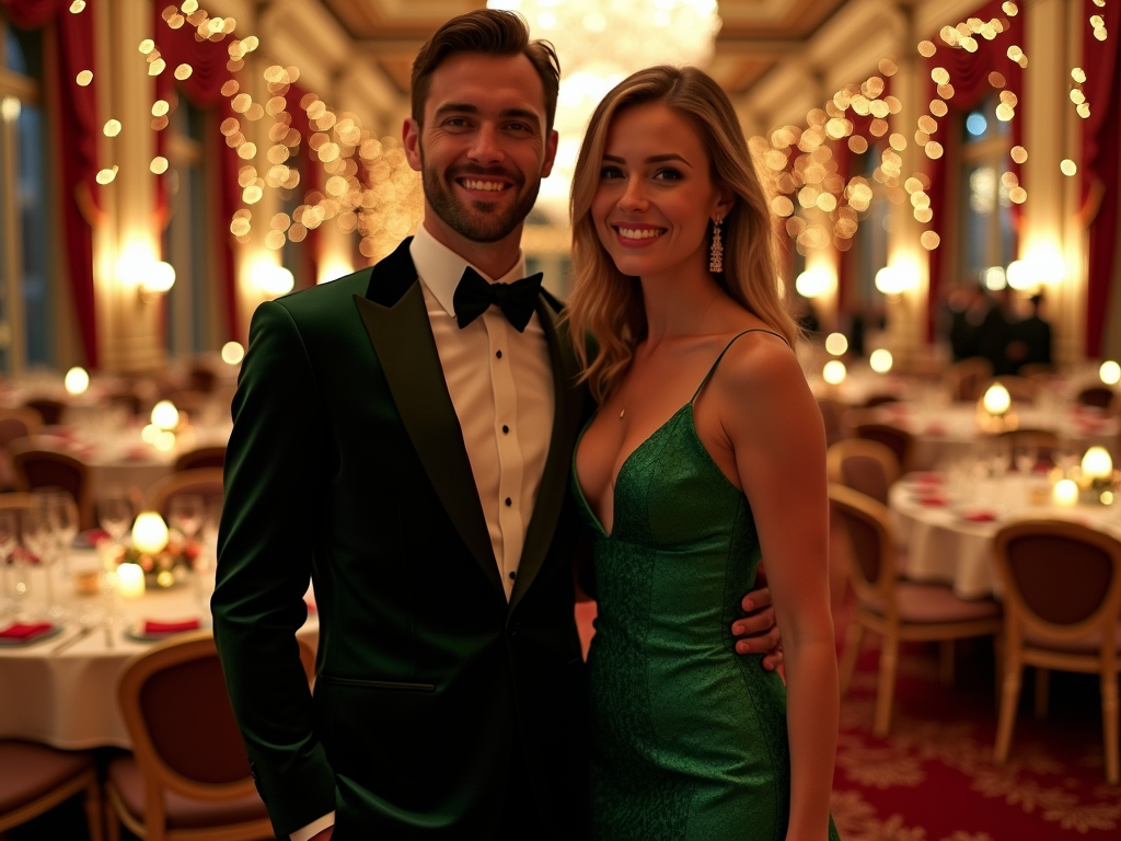 Elegant couple in formal attire at a gala event, surrounded by festive lights and decor.