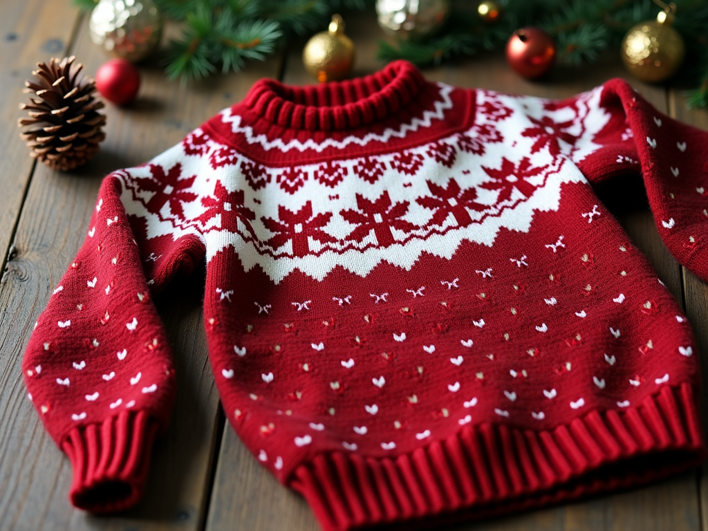 Red and white knitted sweater with reindeer and snowflake patterns, displayed on wooden table with Christmas decorations.