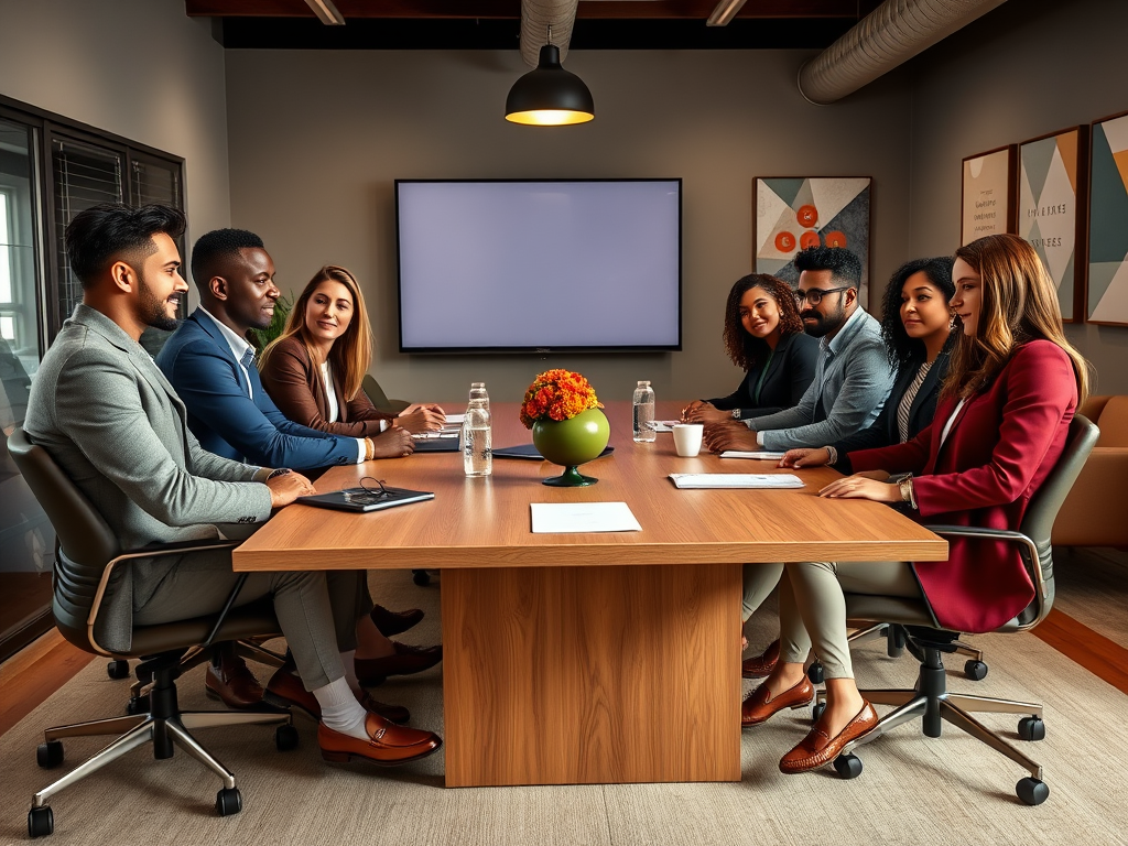 A diverse group of six professionals sitting around a conference table in a modern meeting room.