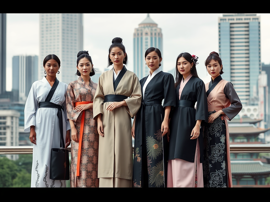 Seven women in elegant traditional outfits pose together against a city skyline background.