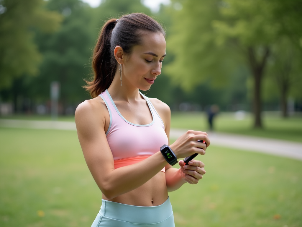 Woman in sportswear checking her smartwatch in a park.