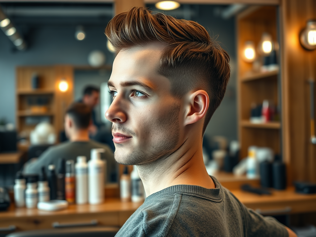 A young man with a stylish haircut sits in a barbershop, looking thoughtfully to the side. Hair products are visible.