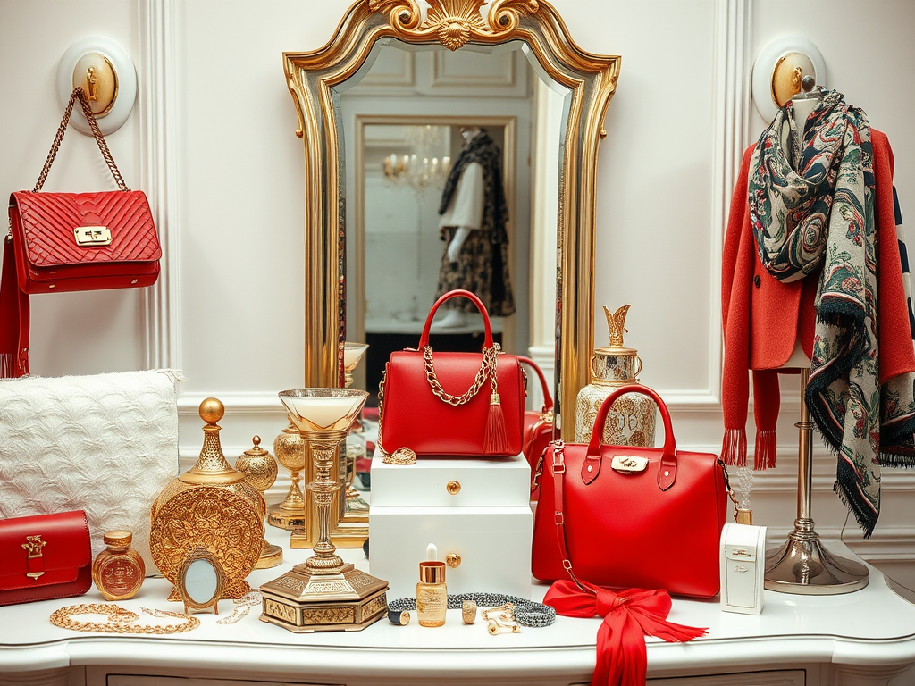 A stylish display featuring red handbags, accessories, perfumes, and elegant decor items on a white table.