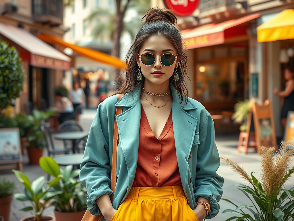 A stylish woman in a teal blazer, orange top, and yellow skirt poses in a vibrant outdoor cafe setting.