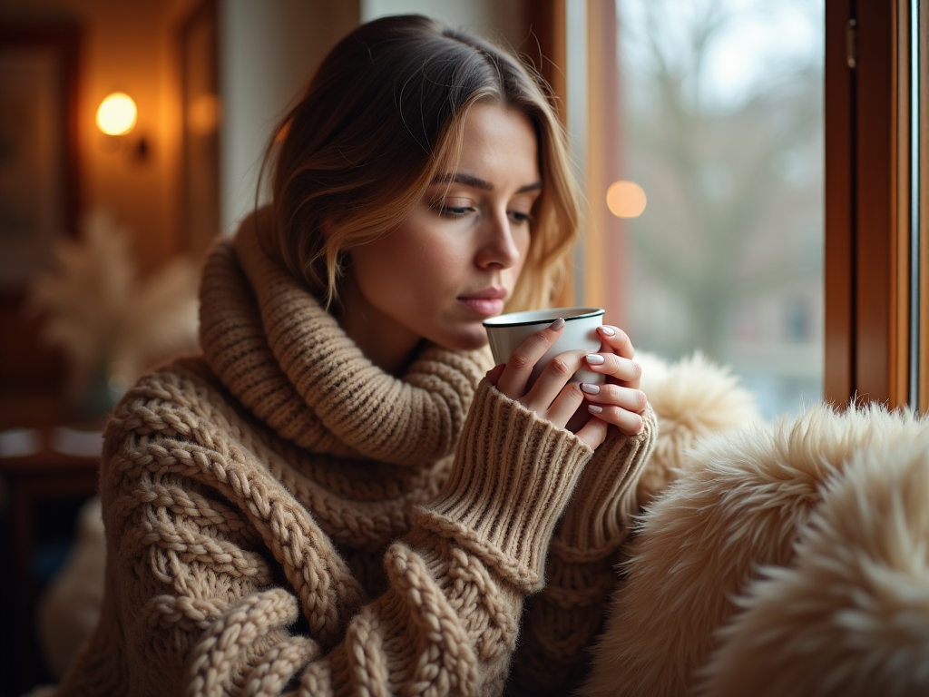 Woman in cozy sweater holding a cup near a window, reflective and serene.