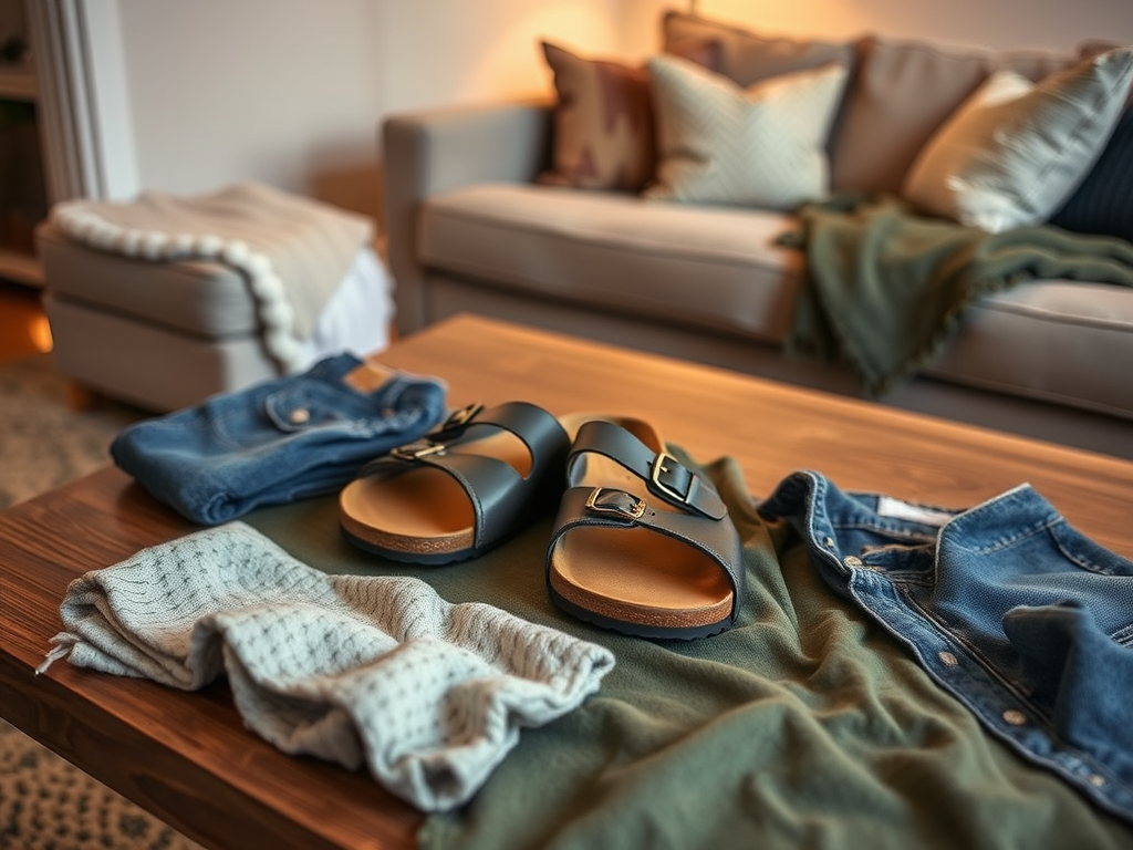 A wooden table displays a pair of sandals, denim clothing, and cozy knitwear, set in a bright living room.