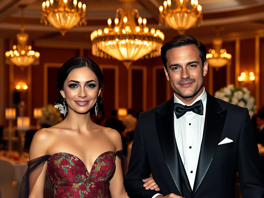 A smiling couple dressed elegantly at a glamorous event, surrounded by chandeliers and a festive atmosphere.