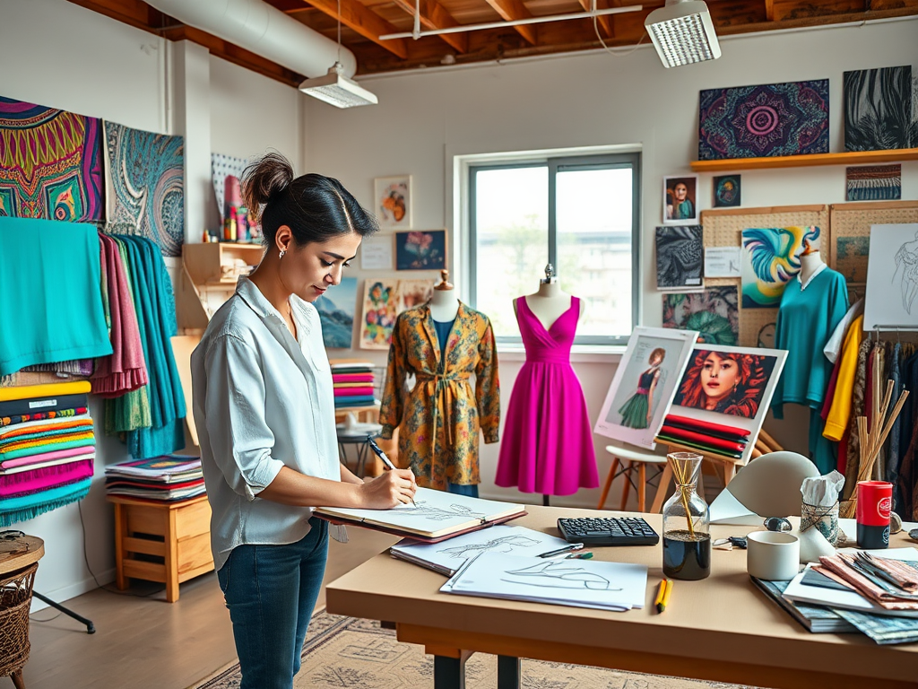 A woman sketches fashion designs in a vibrant studio filled with colorful fabrics and fashion illustrations.