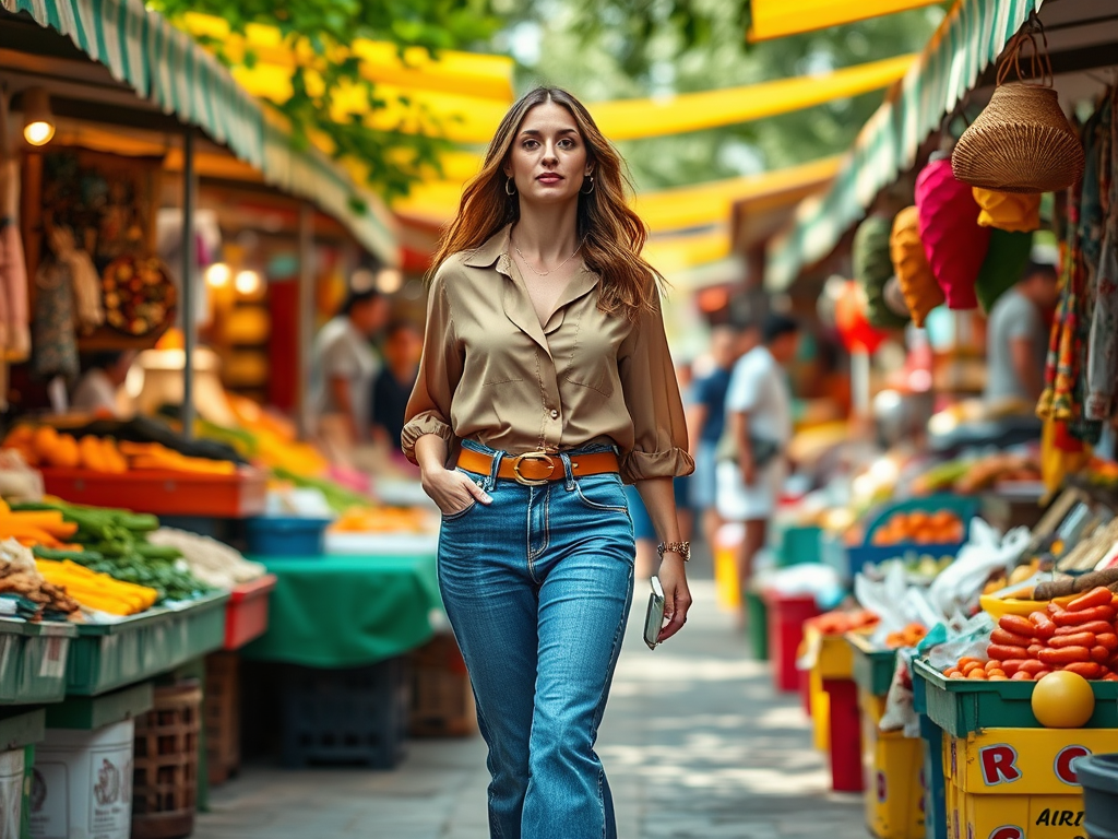 A woman walks confidently through a vibrant market filled with fresh produce and colorful stalls.