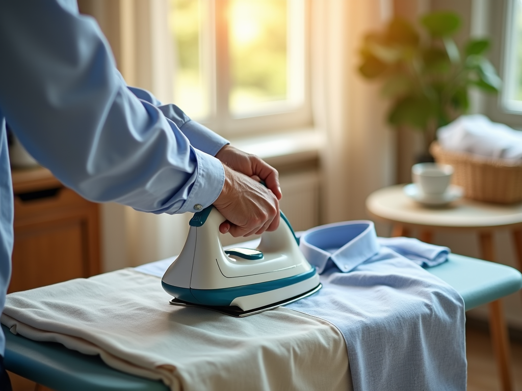 Person ironing a shirt on an ironing board near a sunny window.