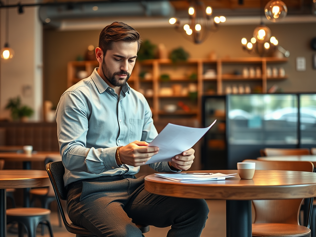 A man in a blue shirt sits at a café, reading documents with a cup of coffee on the table.