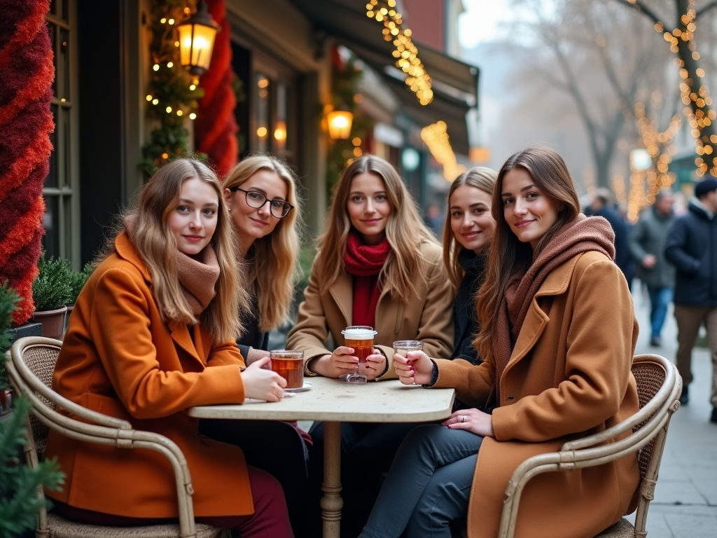 Five women enjoying hot drinks at a cozy outdoor cafe, decorated with festive lights and garlands.