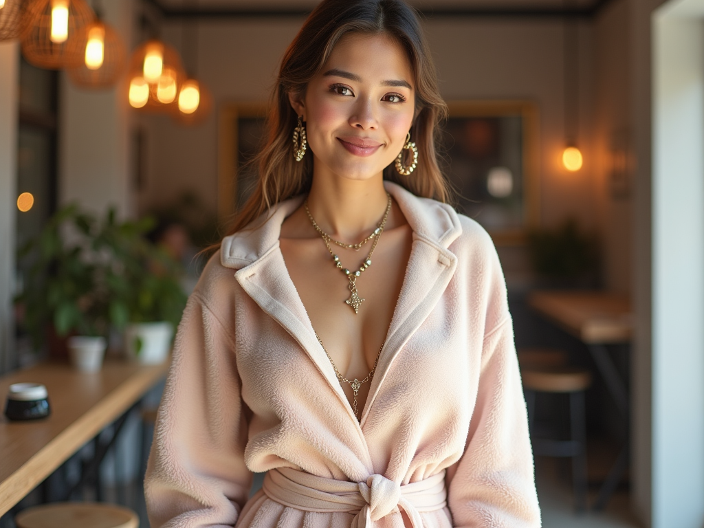 Young woman in a pink coat smiling in a warmly lit cafe setting.