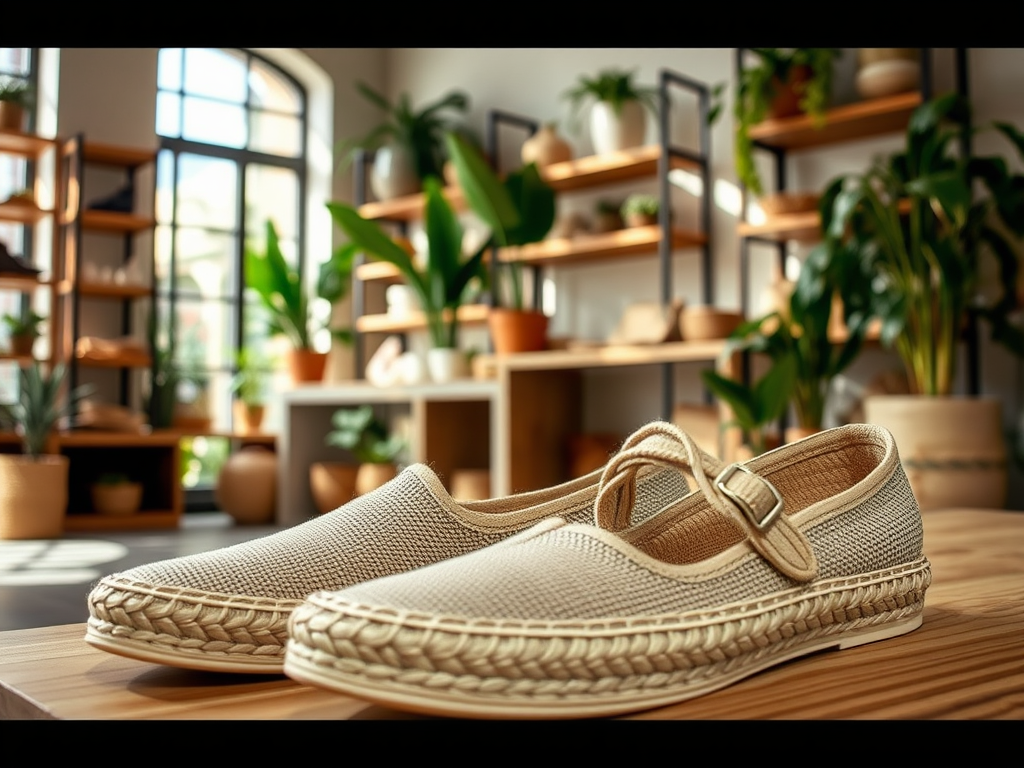 A pair of beige woven shoes with a strap sits on a wooden surface, surrounded by plants and shelves.