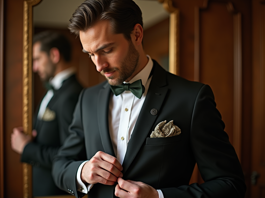 Man in tuxedo adjusting his cufflink with mirror reflection in background.