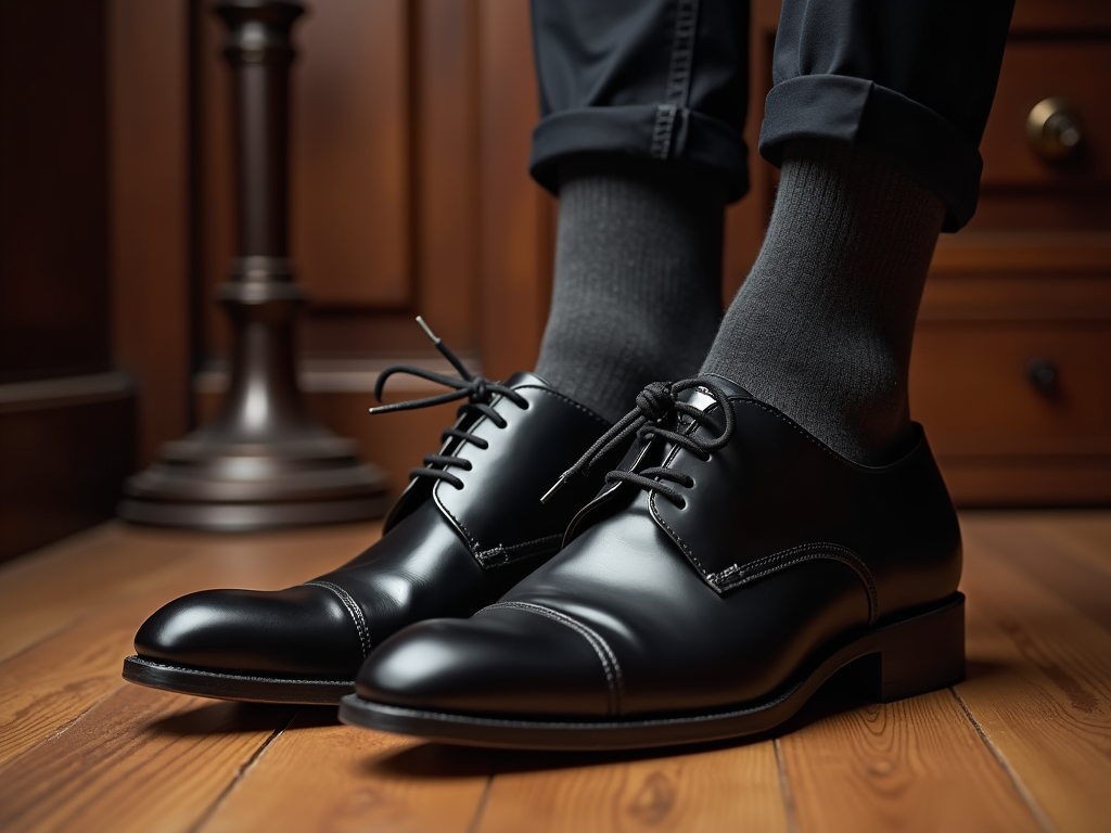 A person wearing polished black oxford shoes with gray socks, on a wooden floor, near a column base.