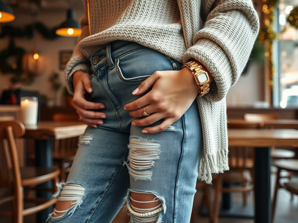 A person wearing a cozy sweater and ripped jeans stands in a cafe, showcasing a stylish watch and rings.
