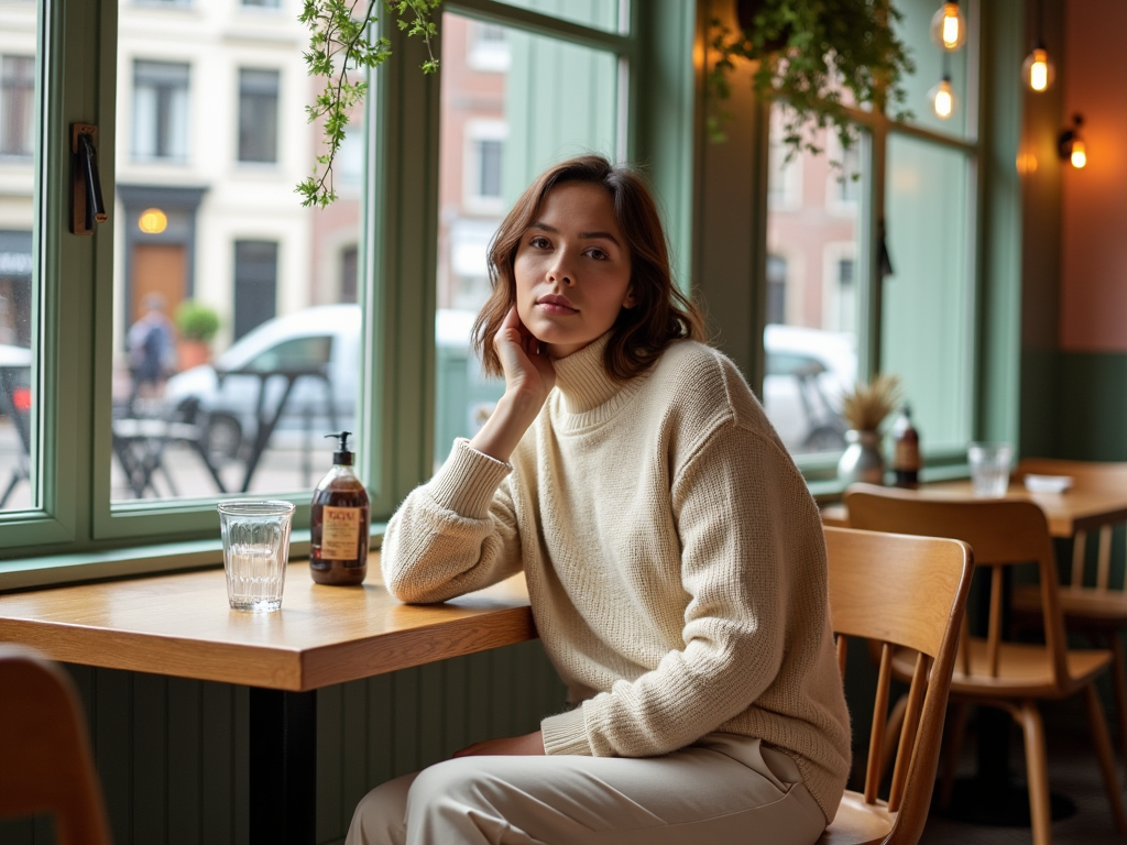 Woman sitting in café by window, wearing a cream sweater, looking thoughtful.