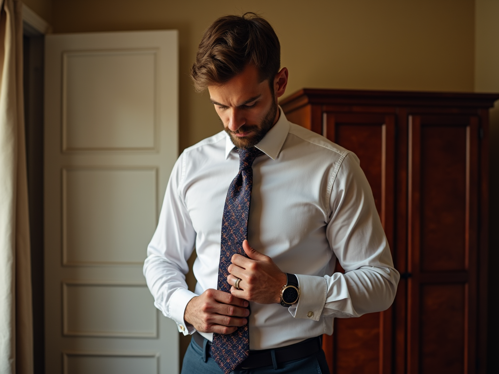 Man in a white shirt and tie adjusting his cufflink in an elegant room.