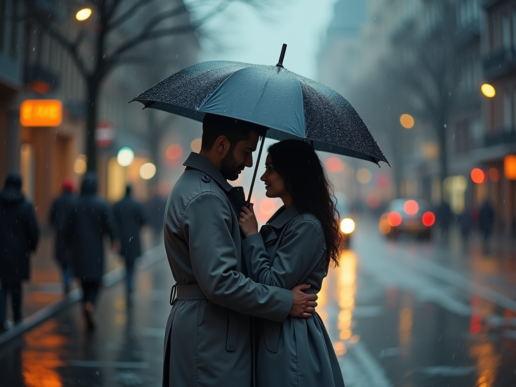 Couple under an umbrella on a rainy city street, sharing an intimate moment.