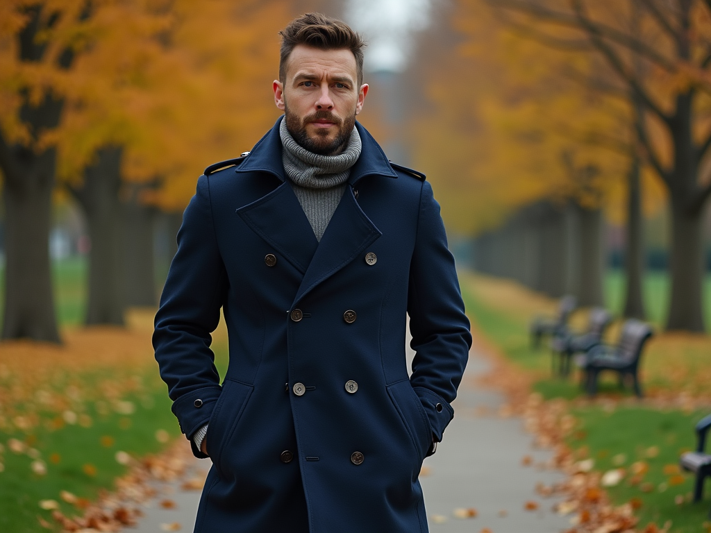 Man in blue coat and grey scarf standing on a leaf-strewn path in a park with autumn trees.