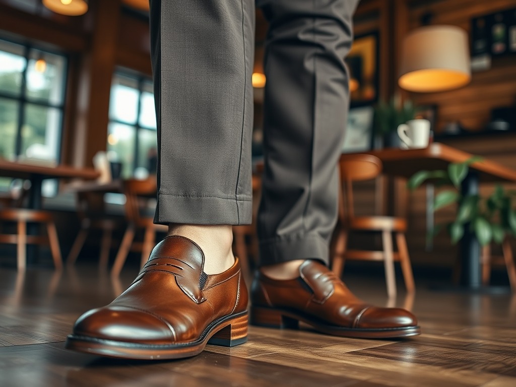 A close-up of a person’s brown dress shoes, standing on wooden flooring inside a cozy café.