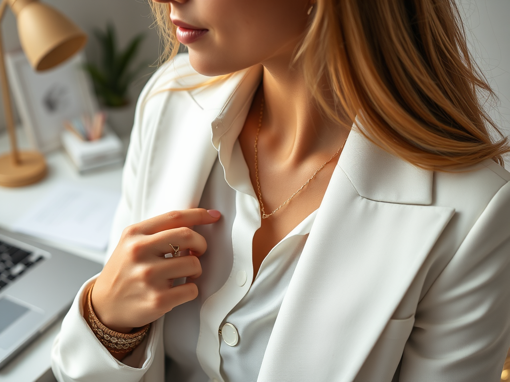 A close-up of a woman in a white blazer, with jewelry, sitting at a desk with a laptop and plants in the background.