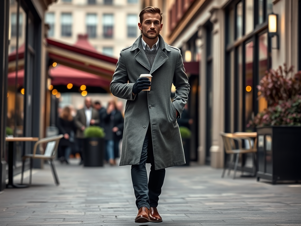 A stylish man in a grey coat walks through a city alley, holding a coffee cup, with people dining nearby.