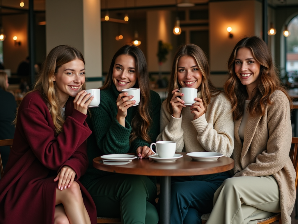 Four women smiling and enjoying coffee together at a cafe table.