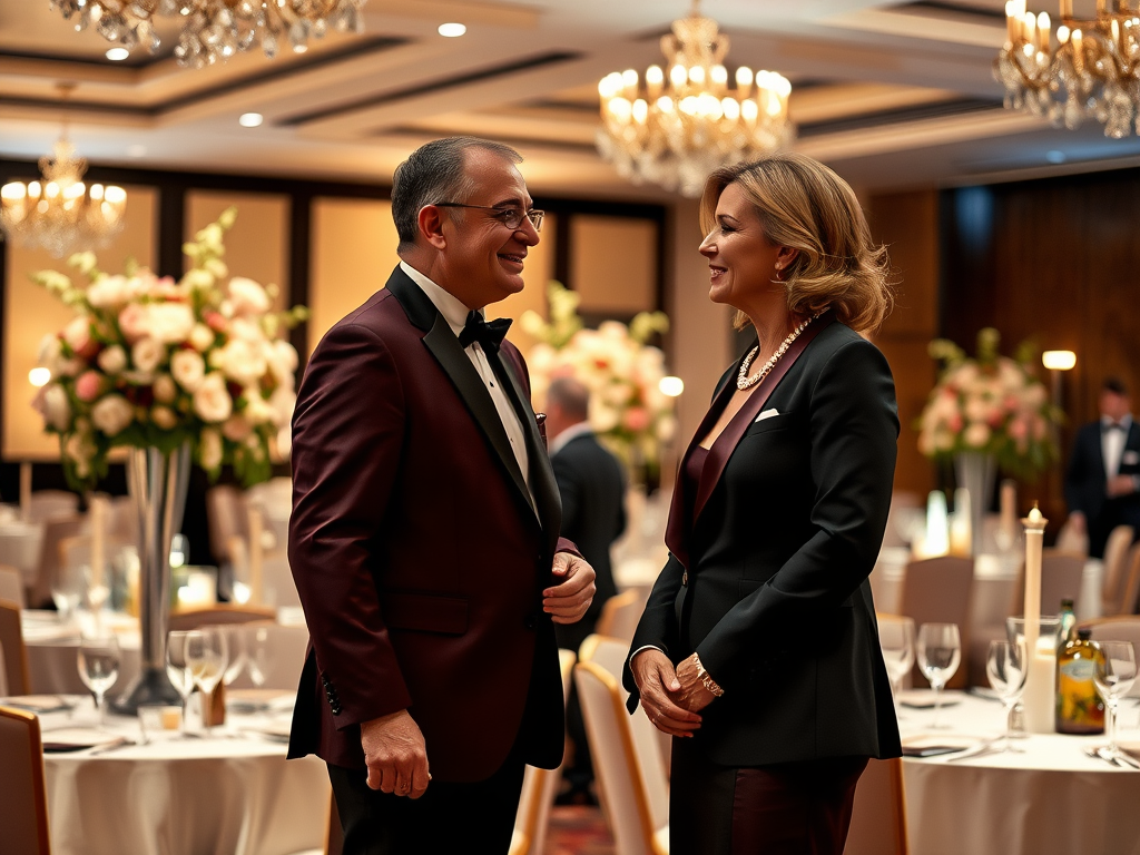 A man and woman in formal attire engage in conversation at an elegantly decorated banquet hall.