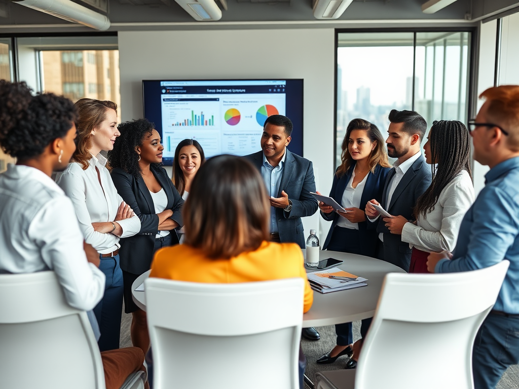 A diverse group of professionals engages in discussion around a conference table, with a presentation screen in the background.