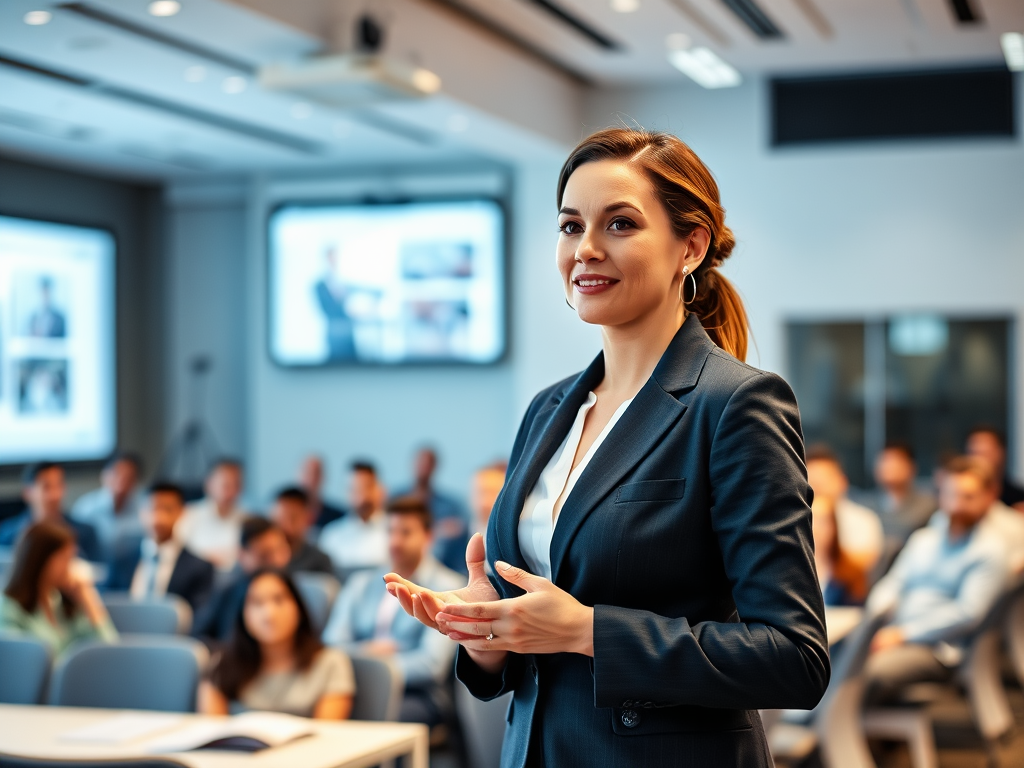 A woman in a suit stands confidently in front of an audience during a presentation in a modern conference room.