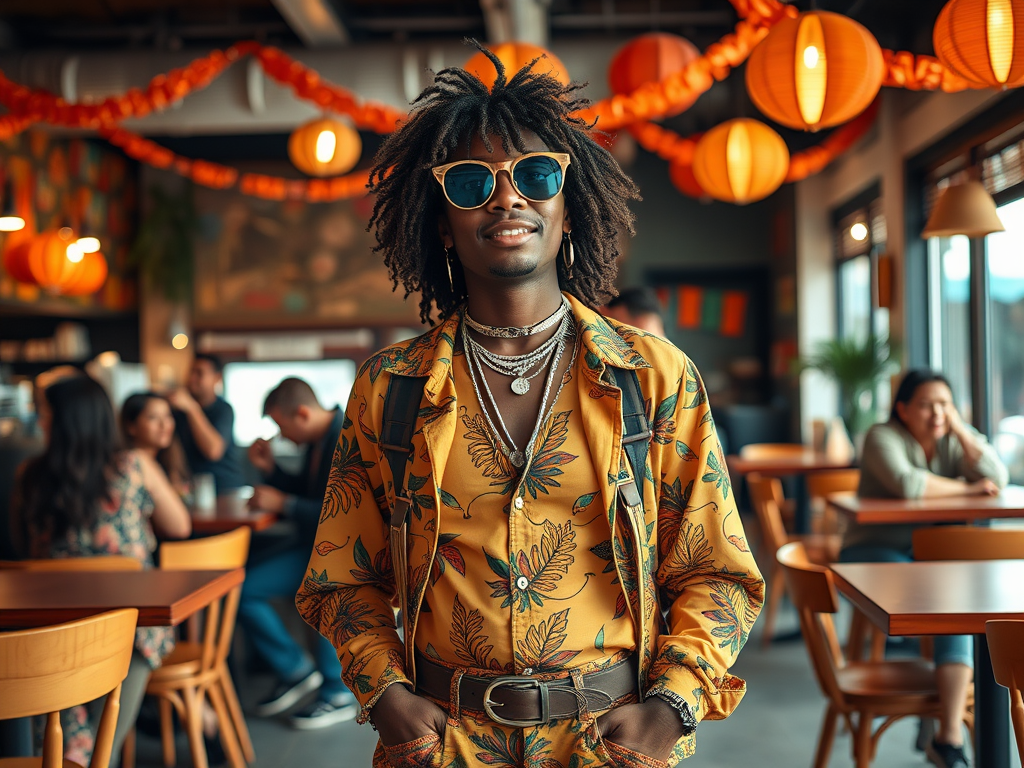 A stylish person with dreadlocks and sunglasses stands in a vibrant café adorned with lanterns and decorations.