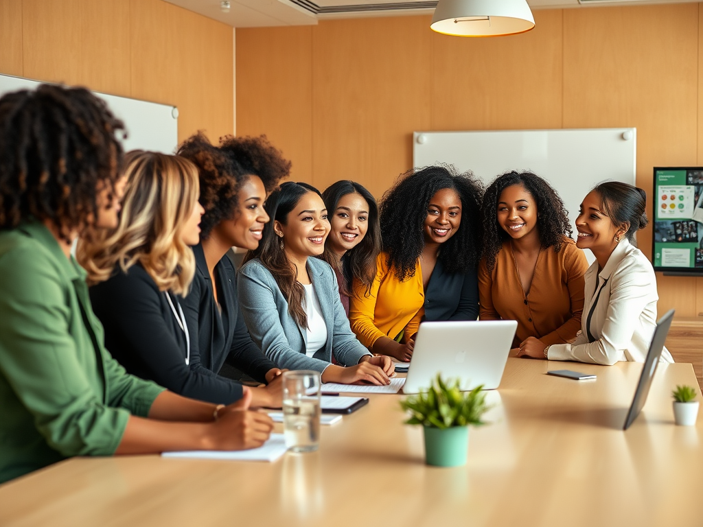 A group of nine women sitting together at a table, engaging and smiling while working on a laptop.