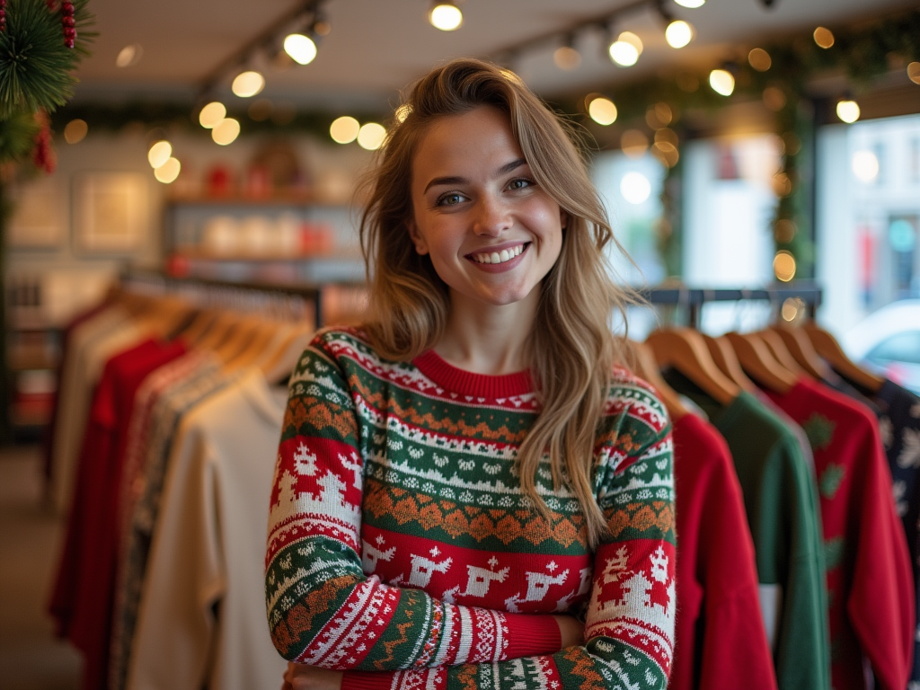 Young woman smiling in a festive sweater, standing in a shop decorated for Christmas.