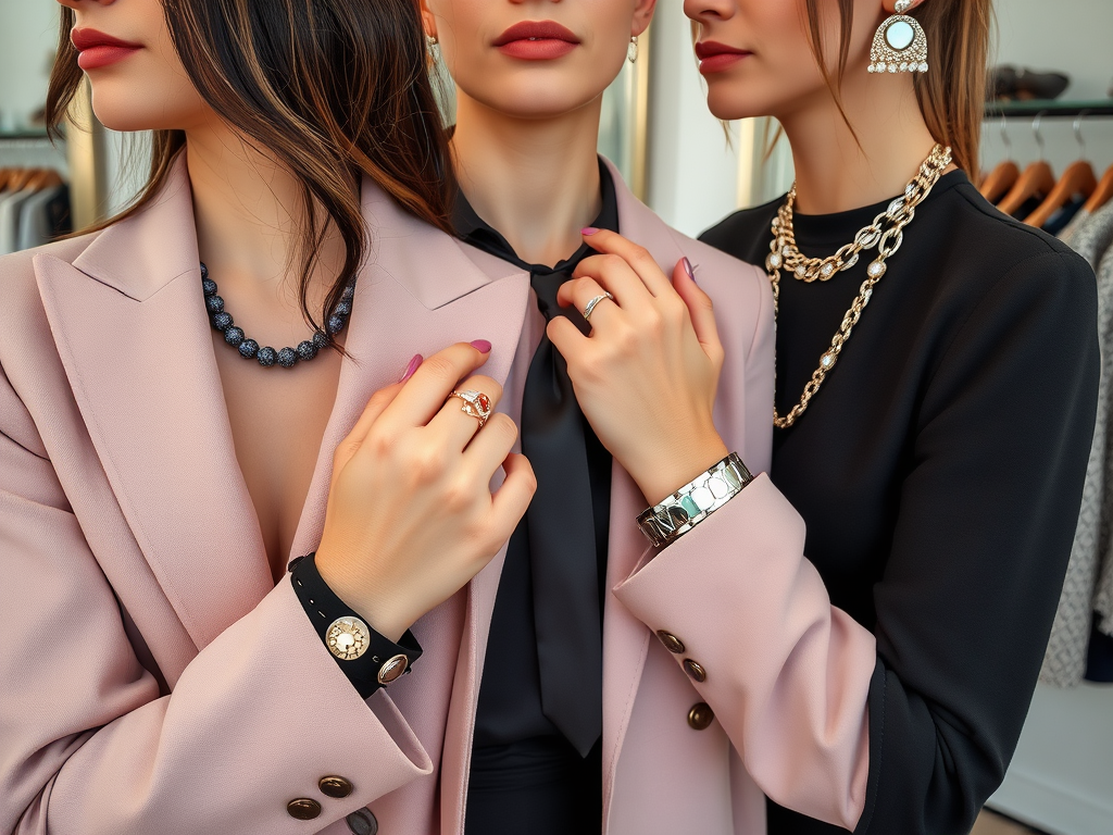 Three women showcase elegant jewelry while wearing stylish blazers, posing closely together in a fashion setting.