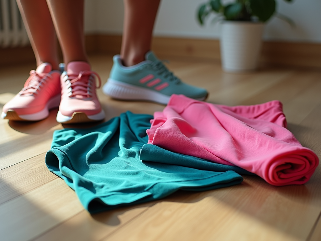 Sports clothing and sneakers on a wooden floor with background sunlight.