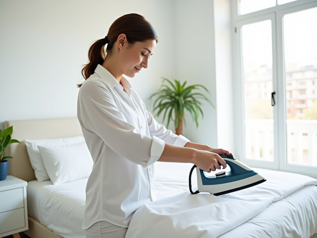 Woman ironing a shirt on a bed in a bright, sunlit room.