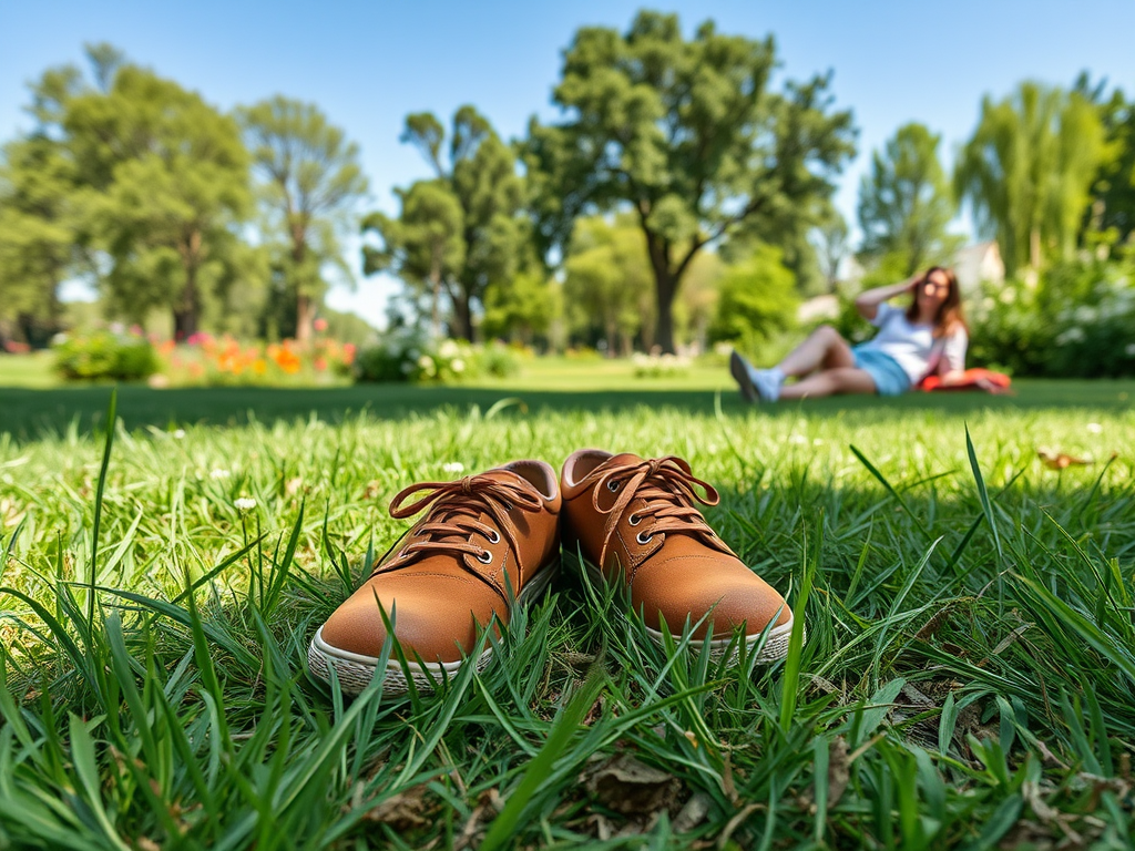 A pair of brown shoes on grass with a blurred person relaxing in the background on a sunny day.