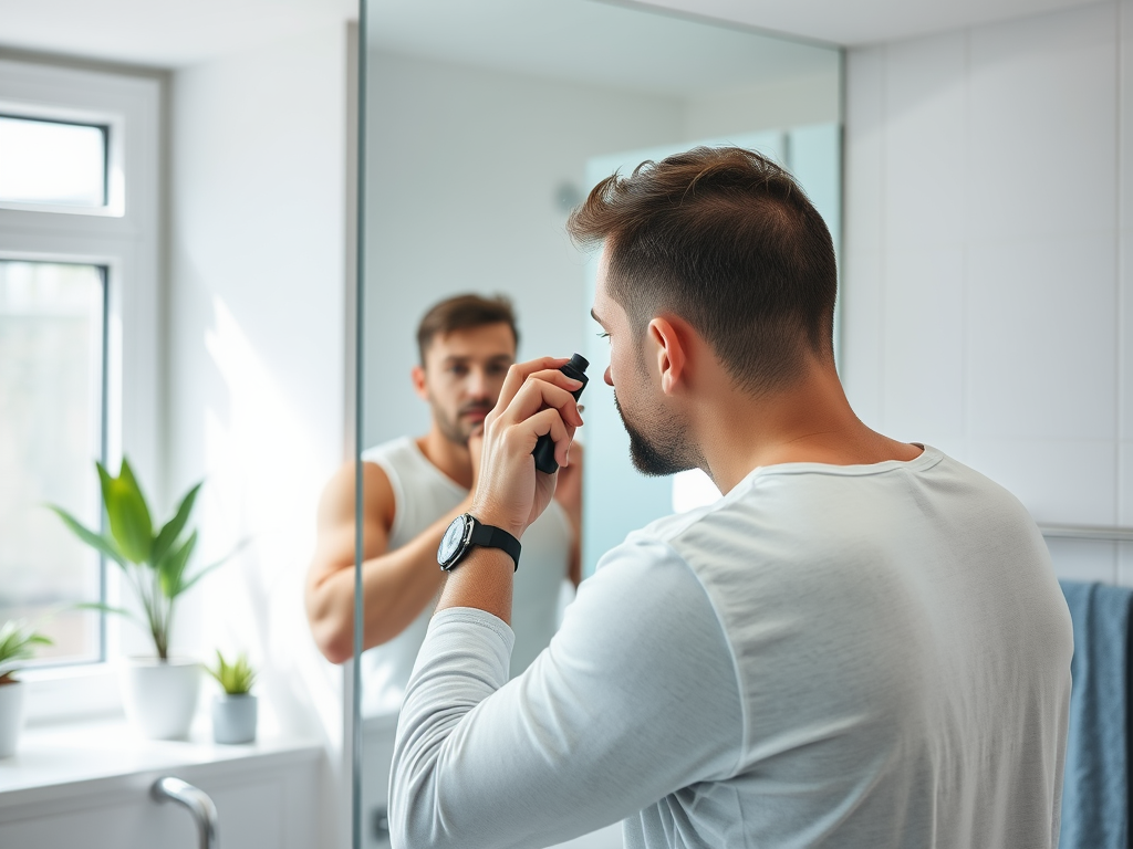A man in a bathroom is grooming his beard while looking into a mirror. Green plants are in the background.