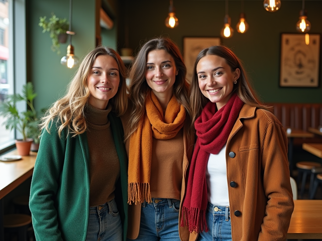 Three women smiling in a café, wearing winter scarves and stylish jackets.