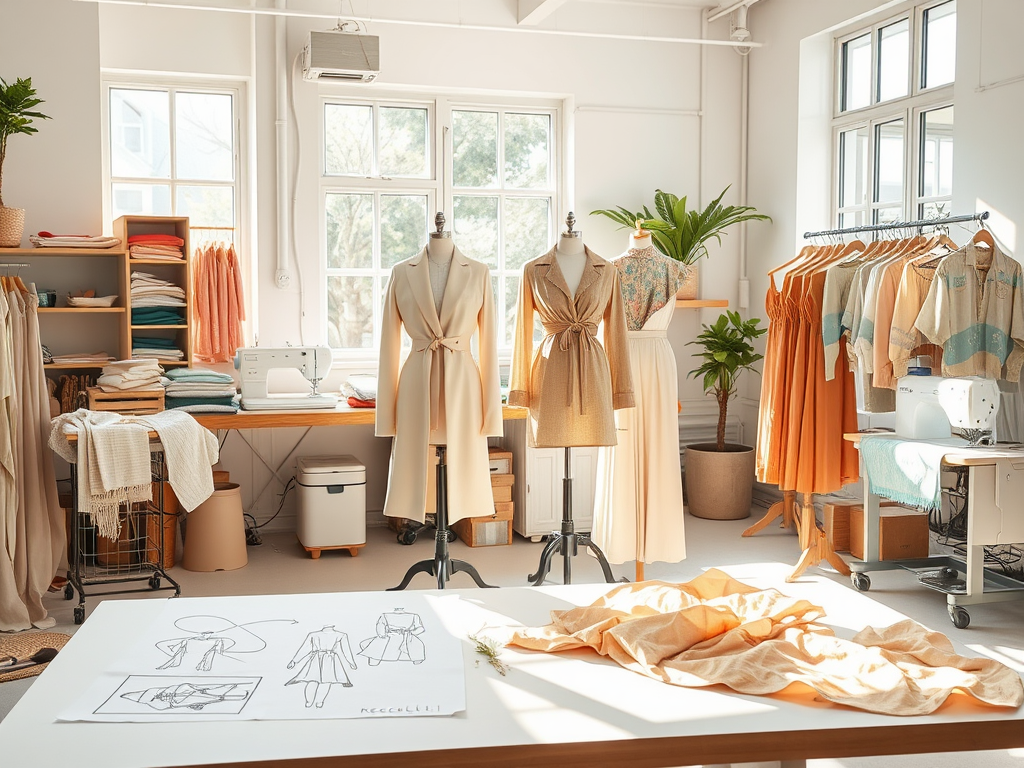 A bright fashion studio with garments on mannequins, fabric, and sewing equipment, showcasing a creative workspace.