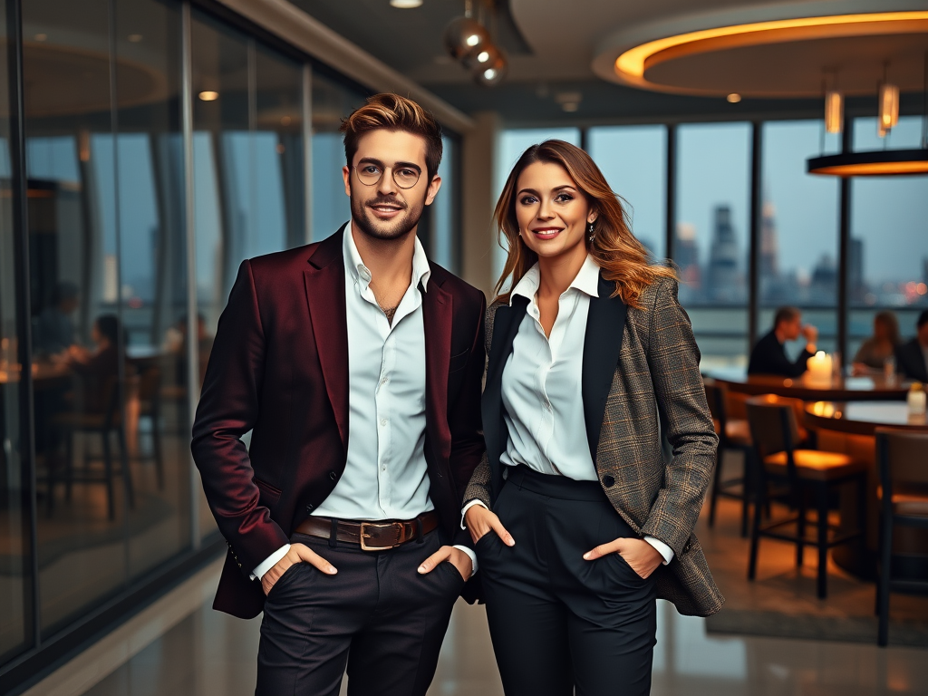 A stylish man and woman pose together in a modern restaurant with city views, both dressed in elegant business attire.