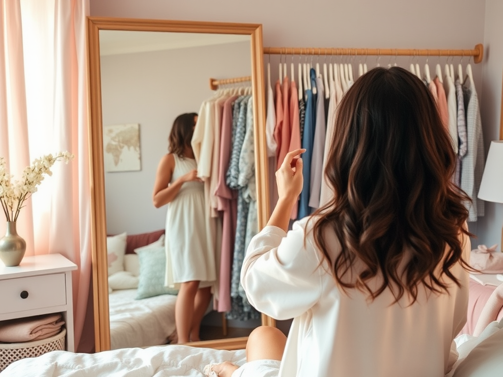 A woman in a light dress stands before a mirror, contemplating her outfit choice in a cozy, stylish bedroom.